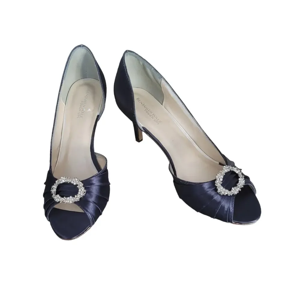 Benjamin Walk Women's Peep Toe Blue Satin Dress Casual Heels w/ Rhinestone Sz 10